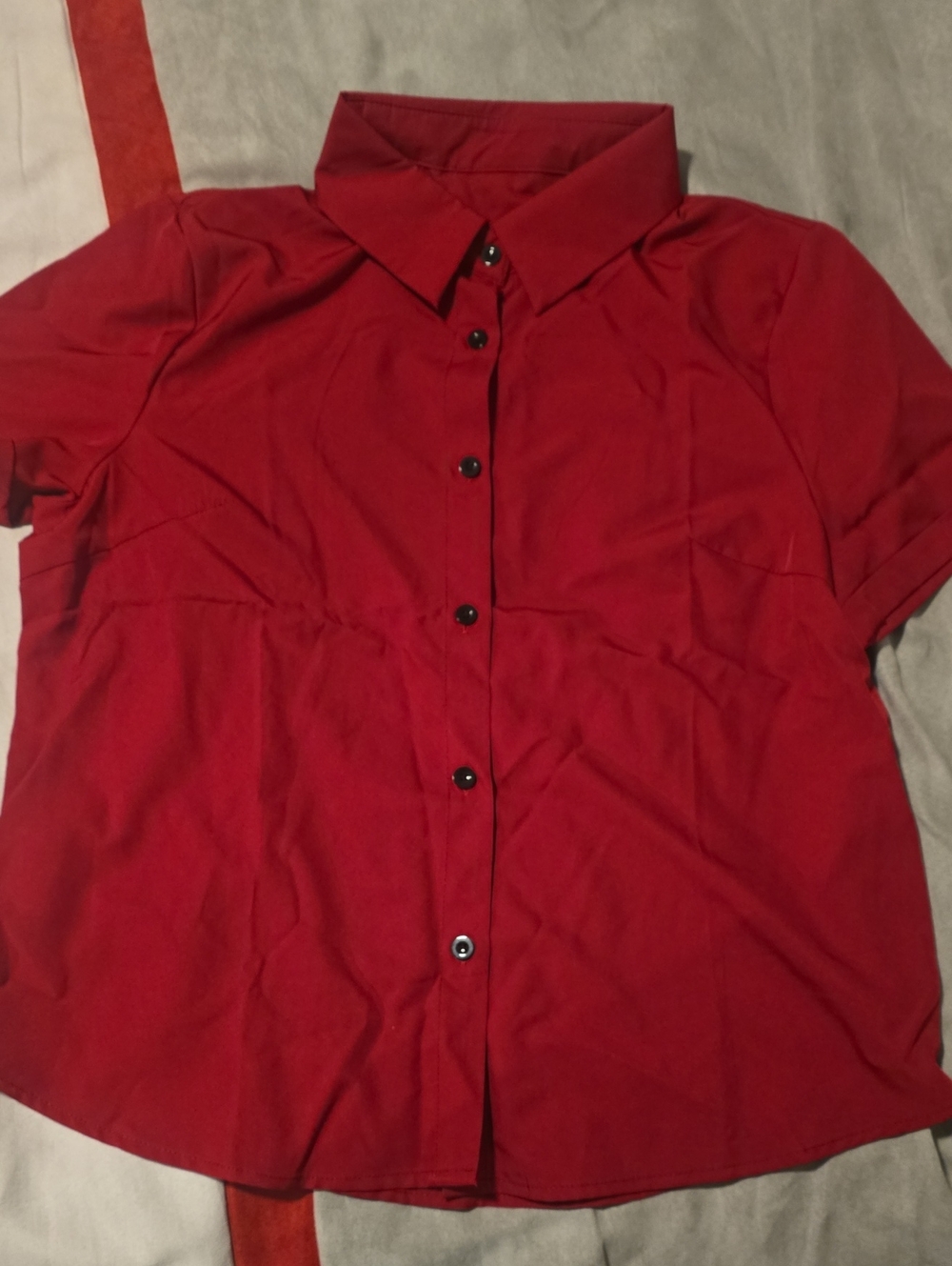 Women's Red Short-Sleeve Button-Down Shirt with Point Collar
